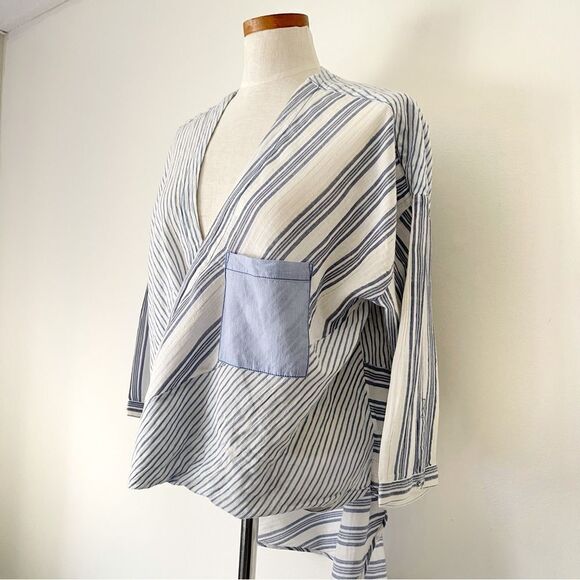 Anthropologie Holding Horses Blue Zeni striped high low cotton shirt Medium - Picture 2 of 6